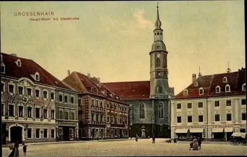 Ak Großenhain Sachsen, Hauptmarkt, Stadtkirche, Seidenwaren C. F. Naumann, Gasthof