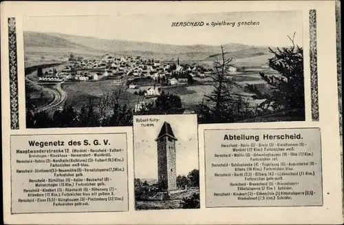 Ak Herscheid im Sauerland, Panorama vom Spielberg aus, Wegenetz des SGV Abteilung Herscheid, Turm