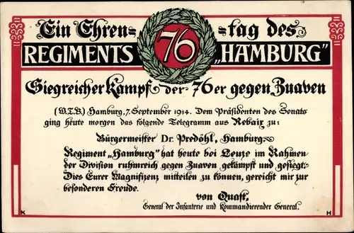 Ak Hamburg, Ehrentag d. Regiments 76, 7. September 1914, Kampf gegen die Zuaven, General von Quast