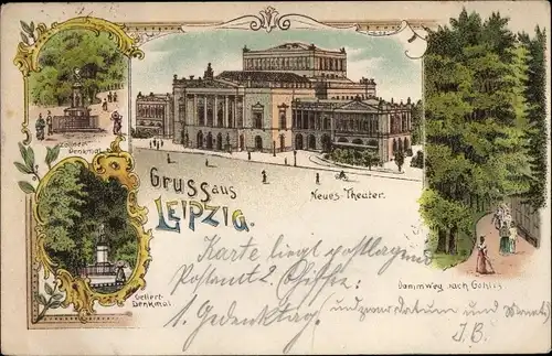 Litho Leipzig in Sachsen, Theater, Dammweg nach Gohlis, Gellert Denkmal, Zöllner Denkmal