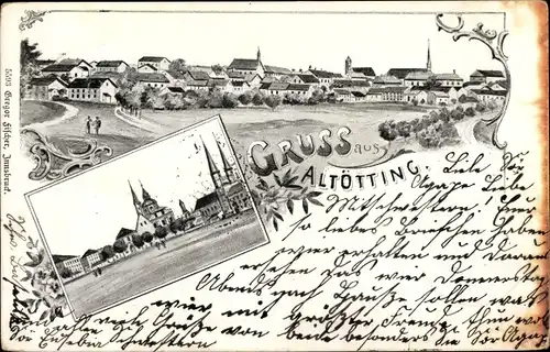 Litho Altötting in Oberbayern, Totalansicht der Ortschaft
