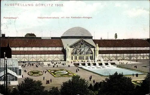 Ak Görlitz in der Lausitz, Gewerbeausstellung 1905, Hauptindustriehalle mit den Kaskaden Anlagen