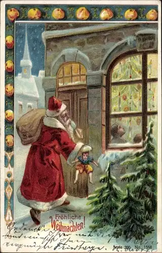 Präge Litho Glückwunsch Weihnachten, Weihnachtsmann, Tannenbaum