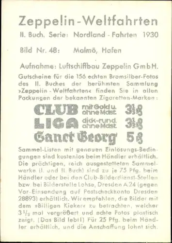 Sammelbild Zeppelin Weltfahrten II. Buch Serie Nordland Fahrten 1930 Bild 48, Malmö, Hafen