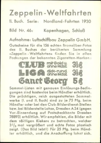 Sammelbild Zeppelin Weltfahrten II. Buch Serie Nordland Fahrten 1930 Bild 46, Kopenhagen, Schloss