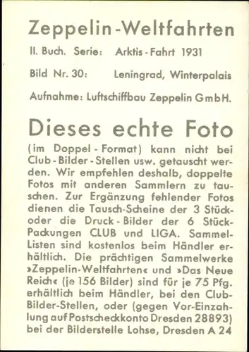 Sammelbild Zeppelin Weltfahrten II. Buch Serie Arktis Fahrt 1931 Bild 30, Leningrad, Winterpalais