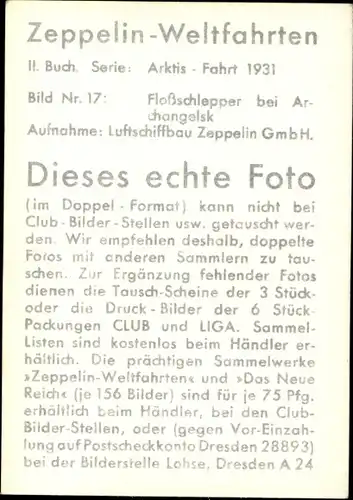 Sammelbild Zeppelin Weltfahrten II. Buch Serie Arktis Fahrt 1931 Bild 17, Floßschlepper,Archangelsk