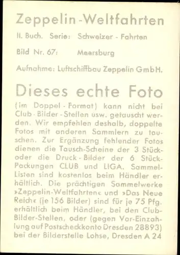 Sammelbild Zeppelin Weltfahrten II. Buch Serie Schweizer Fahrten Bild 67, Meersburg