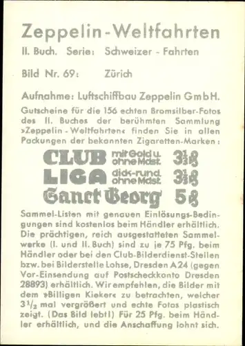 Sammelbild Zeppelin Weltfahrten II. Buch Serie Schweizer Fahrten Bild 69, Zürich