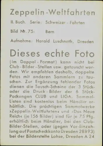 Sammelbild Zeppelin Weltfahrten II. Buch Serie Schweizer Fahrten Bild 75, Bern