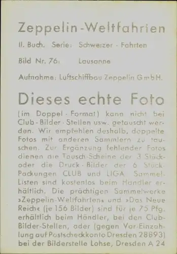 Sammelbild Zeppelin Weltfahrten II. Buch Serie Schweizer Fahrten Bild 76, Lausanne