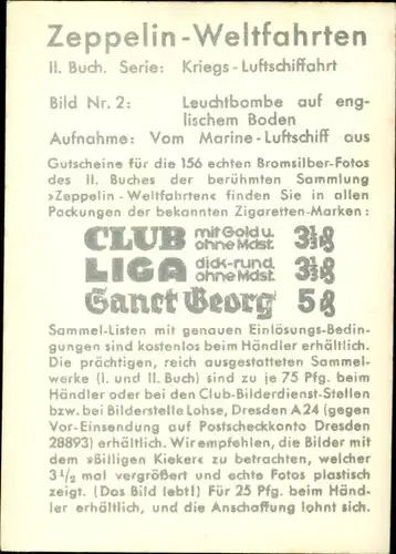 Sammelbild Zeppelin Weltfahrten II. Buch Serie Kriegs Luftschiffahrt Bild 2, Leuchtbombe, England