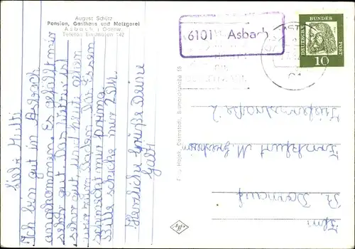 Ak Asbach Modautal im Odenwald, Pension, Gasthaus und Metzgerei von August Schütz