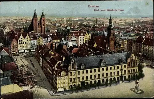 Ak Wrocław Breslau Schlesien, Blick vom Elisabeth-Turm, Rathaus, Ring