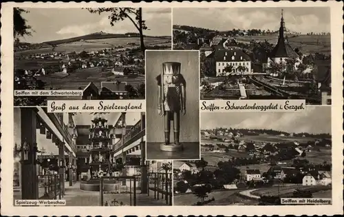 Ak Seiffen im Erzgebirge, Spielzeug Werbeschau, Panorama, Nussknacker, Schwartenberg, Heidelberg