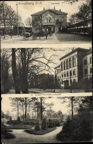 Ak Kluczbork Kreuzburg Oberschlesien, Bahnhof, Gymnasium, Dr. Graber Fuhrmann Anlagen