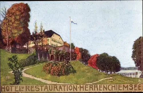 Künstler Ak Herrenchiemsee Chiemsee in Oberbayern, Hotel und Restaurant Herrenchiemsee