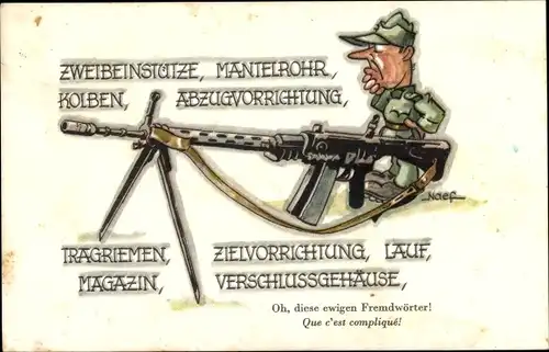 Künstler Ak Naef, Schweizer Soldat mit Maschinengewehr