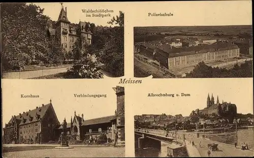 Ak Meißen an der Elbe, Gasthaus Waldschlösschen, Polizeischule, Kornhaus, Albrechtsburg, Dom