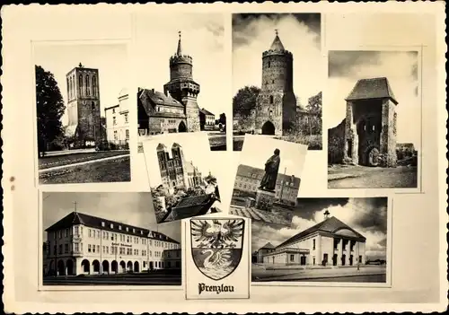 Ak Prenzlau in der Uckermark, Kirche, Turm, Wappen, Stadtansichten