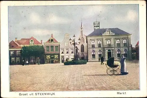 Ak Steenwijk Overijssel, Markt, Frau mit Kinderwagen
