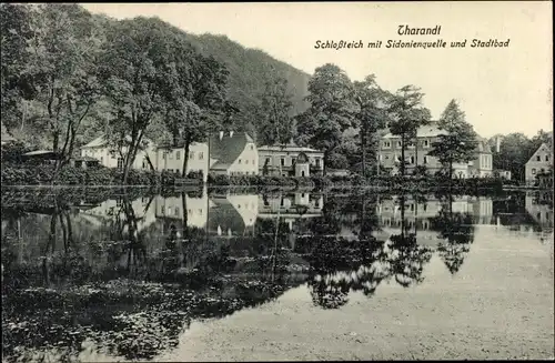 Ak Tharandt im Erzgebirge, Schlossteich mit Sidonienquelle und Stadtbad