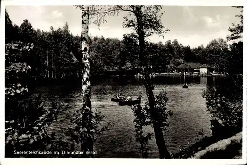 Ak Tharandt im Erzgebirge, Seerenteichbaude, Ruderer, Bootshaus