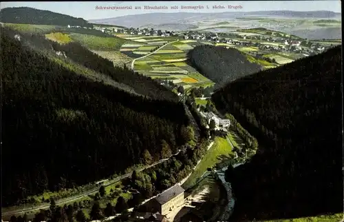 Ak Bermsgrün Schwarzenberg im Erzgebirge, Panorama Schwarzwassertal am Hirschstein