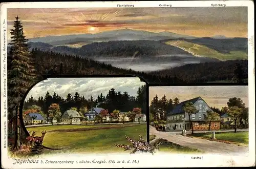 Künstler Ak Jägerhaus Schwarzenberg Sächs. Erzgebirge, Jägerhaus mit Gasthof, Spitzberg, Fichtelberg