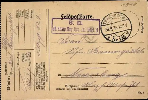 Ak Stempel Deutsche Feldpost 1. WK, Station Nr. 124, 10. Komp. Bay. Reserve Infanterie Regiment 11
