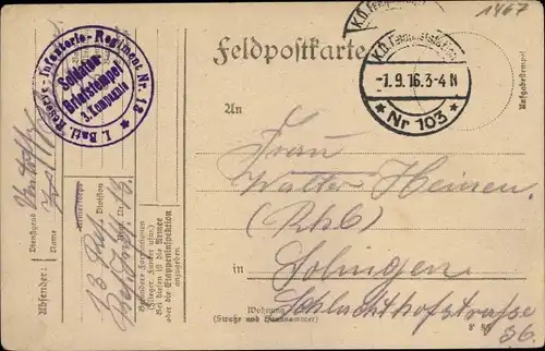 Ak Stempel Deutsche Feldpost 1. WK, Station Nr. 103, I. Batl. Res. Infanterie Regt. Nr. 18 3. Komp.