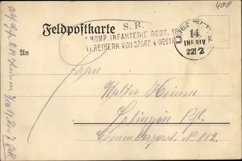 Ak Stempel Deutsche Feldpost 1. WK, 14. Inf. Div. Kompagnie Infanterie Regiment 16