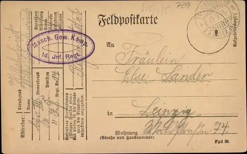 Ak Stempel Deutsche Feldpost 1. WK, 5. Bayer. Inf. Div., Masch. Gewehr-Kompagnie, 14. Inf. Regt.