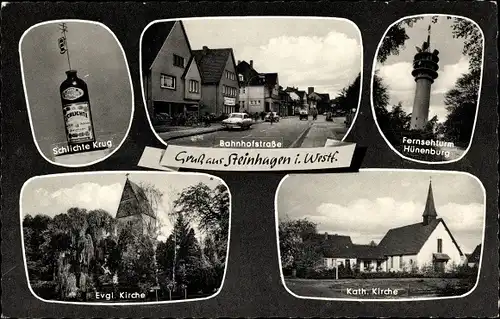 Ak Steinhagen in Westfalen, Fernsehturm Hünenburg, Schlichte Krug, Evgl. Kirche, Kath. Kirche