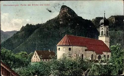 Ak Oberammergau in Oberbayern, Partie mit Kirche und Kofel