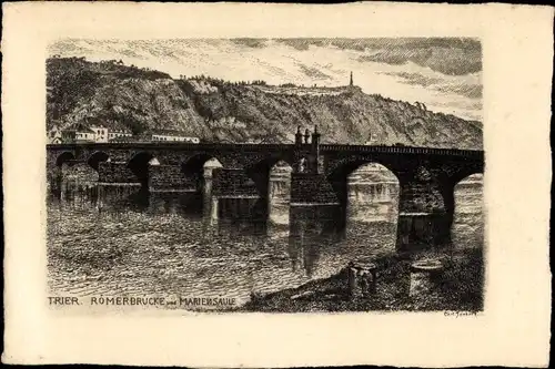 Künstler Ak Trier an der Mosel, Römerbrücke, Mariensäule