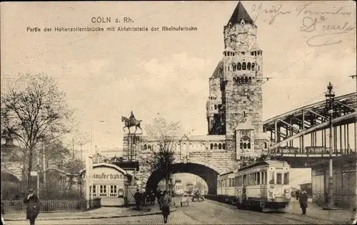 Ak Köln am Rhein, Partie an der Hohenzollernbrücke mit Abfahrtstelle der Rheinuferbahn