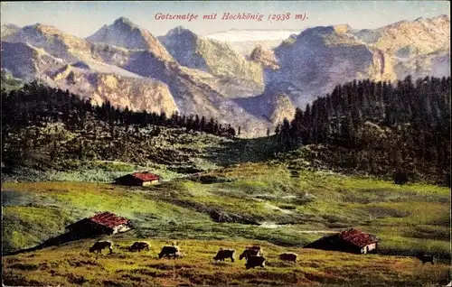 Ak Berchtesgaden Oberbayern, Gotzenalm, Panorama mit Hochkönig, Kühe
