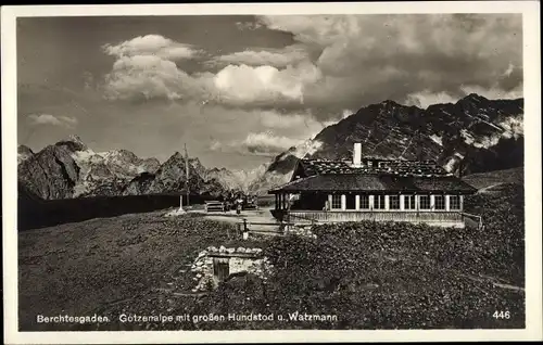 Ak Berchtesgaden Oberbayern, Gotzenalm mit großen Hundstod und Watzmann