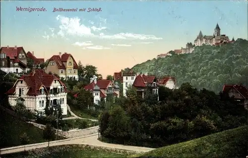 Ak Wernigerode am Harz, Bollhasental mit Schloss