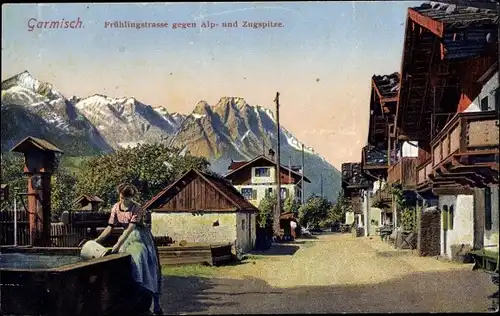 Ak Garmisch Partenkirchen in Oberbayern, Frühlingsstraße, Alpspitze und Zugspitze