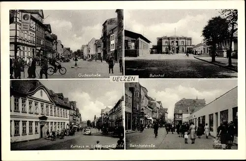Ak Uelzen in Niedersachsen, Gudesstraße, Bahnhof, Rathaus m. Lüneburger Straße, Bahnhofstraße