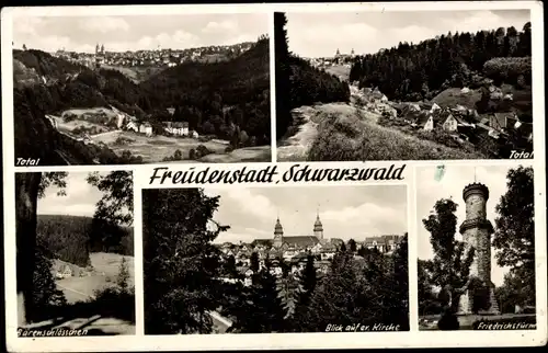 Ak Freudenstadt im Nordschwarzwald, Blick auf ev. Kirche, Friedrichsturm, Total, Bärenschlösschen