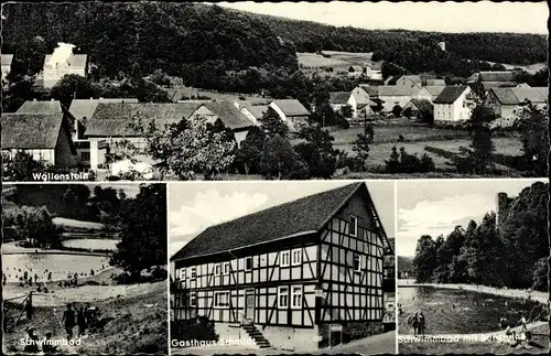 Ak Wallenstein Knüllwald Hessen, Gasthaus Schmidt, Schwimmbad, Panorama vom Ort