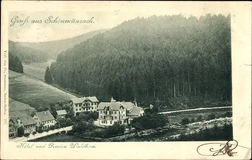 Ak Schönmünzach im Murgtal Baiersbronn im Schwarzwald, Hotel und Pension Waldhorn