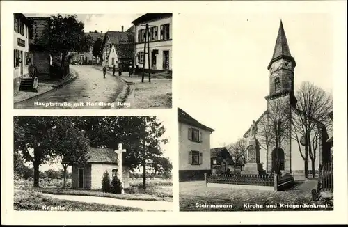 Ak Steinmauern, Hauptstraße mit Handlung Jung, Kirche, Kriegerdenkmal, Kapelle