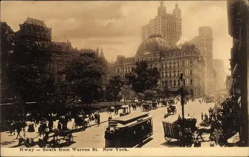 Ak New York City USA, B'way, South from Warren Street