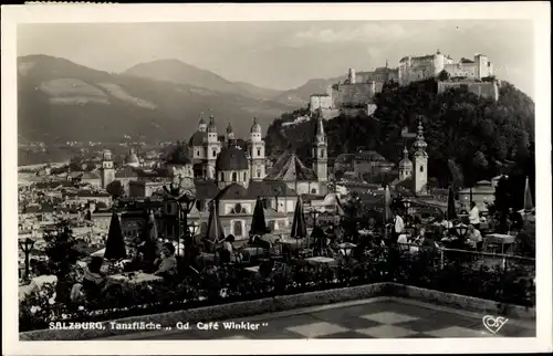 Ak Salzburg in Österreich, Blick von der Tanzfläche "Gd. Cafe Winkler" auf die Stadt