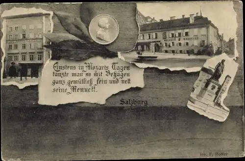 Ak Salzburg in Österreich, Mozarts Geburtshaus, Denkmal, Mozart-Plakette mit Gedicht