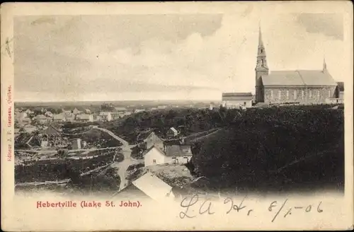 Ak Hébertville Québec Kanada, Lake St. John, Ortsansicht, Kirche